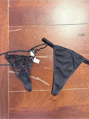 Victoria’s Secret Black Sequin Lace & Solid Triangle Thong Set
